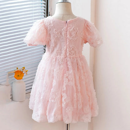 New Summer Teenager Girl Dress Solid Color Short Puff Sleeves Square Collar 3D Flower Sequined Baby Princess Dresses 2025