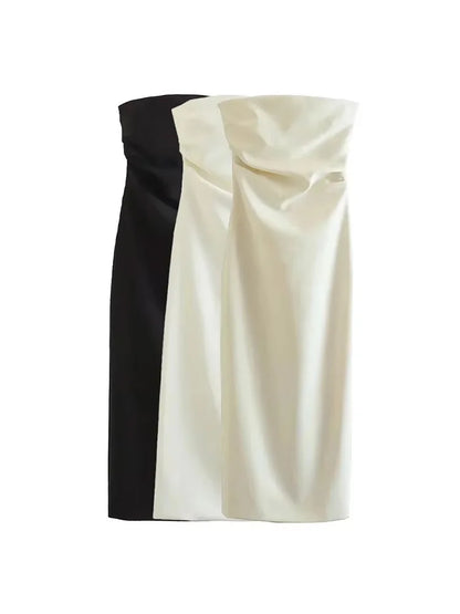 Women Fashion Strapless Gathered Midi Dress Sexy Straight Neck Back Slit Female Dresses Vestidos Mujer