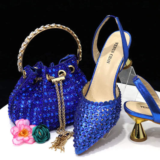 Pointed Toe Heels for Women 2023 Elegant Party Wine Color Full Diamond Pumps Italian Shoes and Bags Matching Set