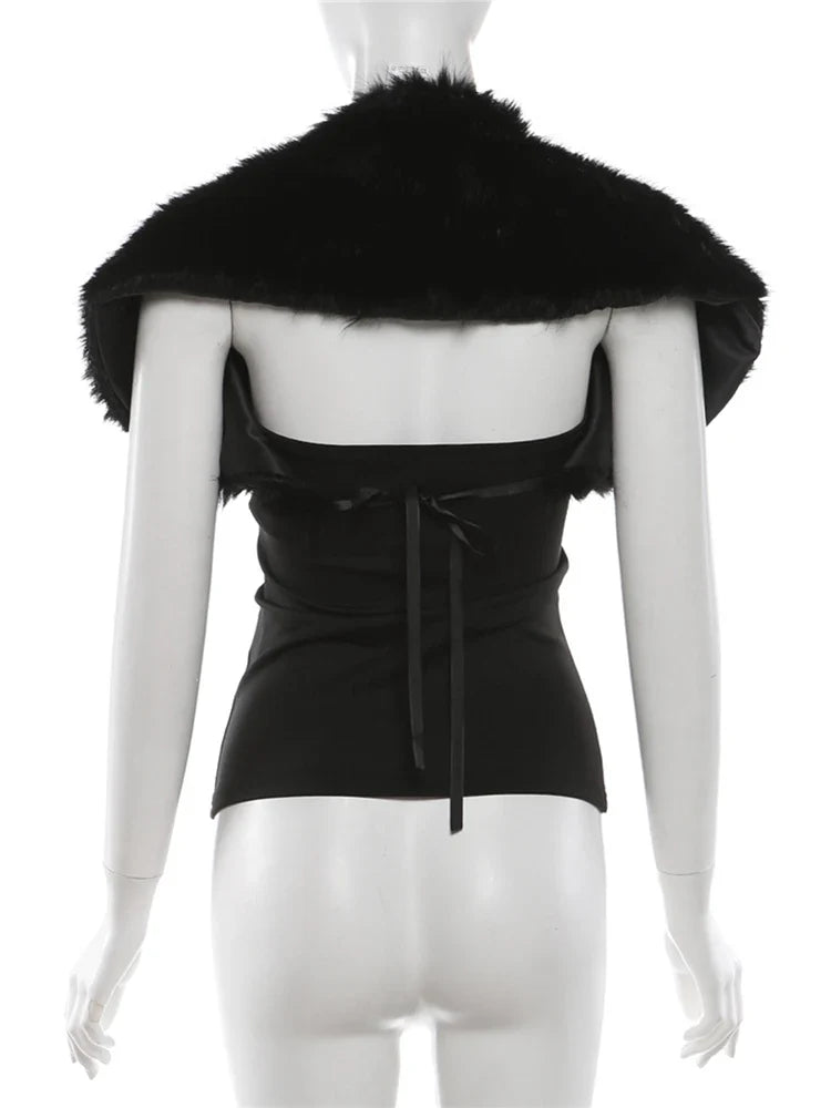 Trend Classic 2-Piece Set Women Sexy Furry Shawl+Sleeveless Tank Top Fashion Party Club Stretch Skinny Activi Outfits