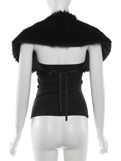 Trend Classic 2-Piece Set Women Sexy Furry Shawl+Sleeveless Tank Top Fashion Party Club Stretch Skinny Activi Outfits