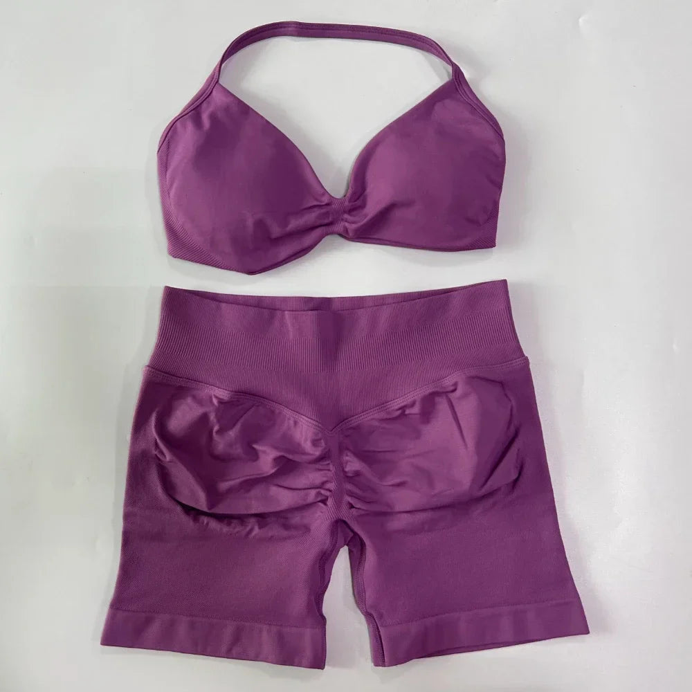 NO LOGO 2PCS Gym Set Women Strappy Yoga Bra Top High Waist Workout Scrunch Shorts Sports Suit Seamless Yoga Set Fitness Clothes