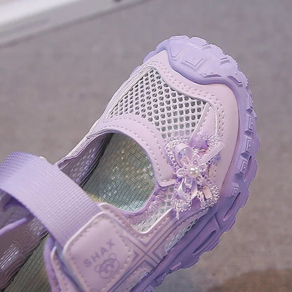 2026 summer new girls' bow mesh toe sandals soft and casual beach sandals children's outdoor walking non slip flat shoes
