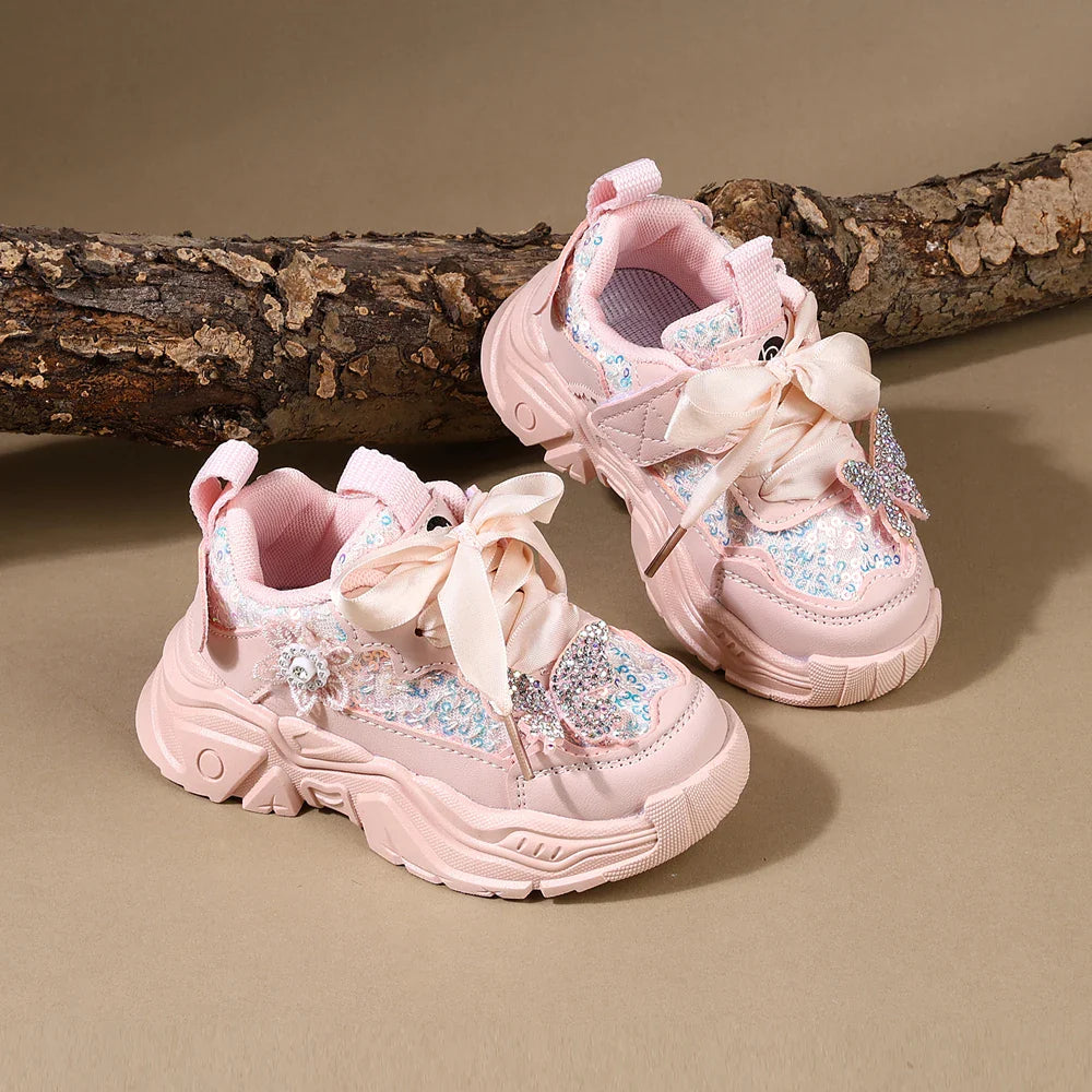 Children Shoes 2025 New Spring Toddler Girls Sport Shoes Bling Bling Soft Sole Breathable Outdoor Tennis Fashion Kids Sneakers