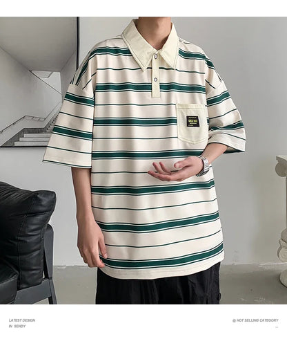 2024 New Summer Men POLO Shirt Trend Loose Clothing Students Short-sleeved T Shirt Tops Round Neck Five-quarter Sleeve Harajuku