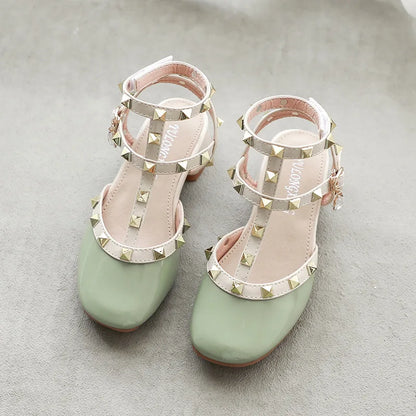 Spring Style Baotou Cool Kids' Shoes with Buckle Rivets School Performance Girl' Shoes with Heel Bright Diamond Children's Shoes