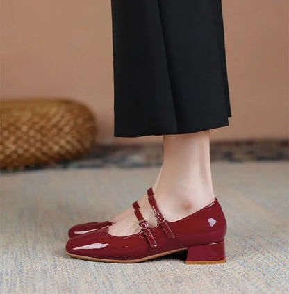 2025 New Women's Burgundy Patent Leather Mary Jane Pumps - Vintage-Inspired Double Gold Buckle Low Block Heel Dress Shoes