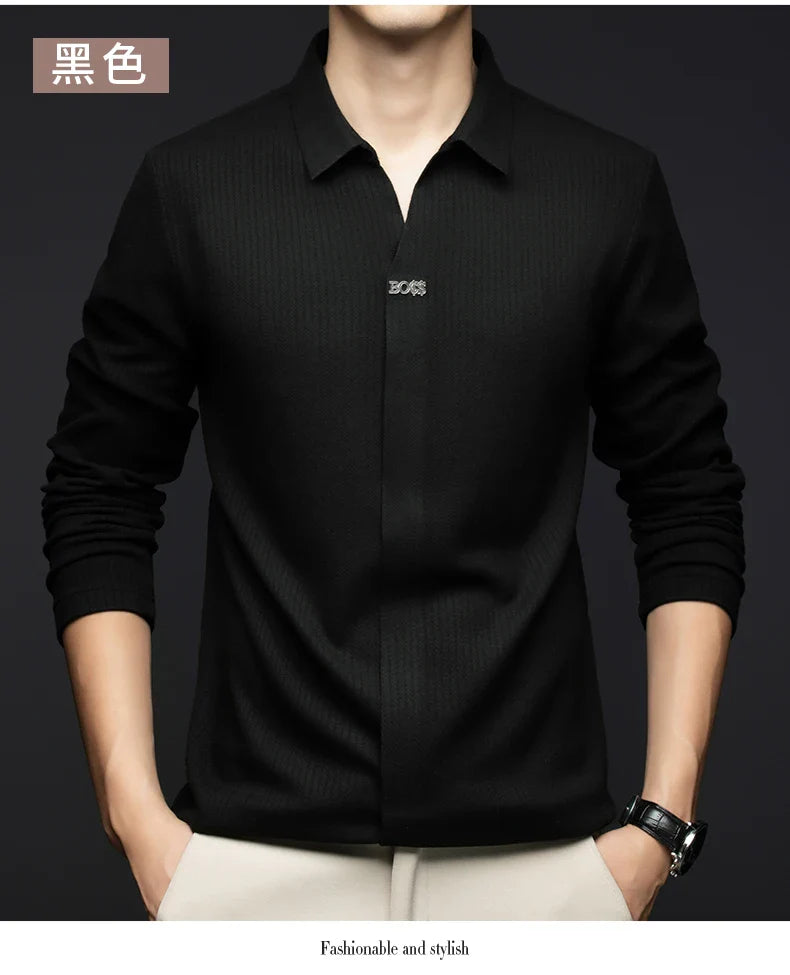 Men's Business Casual Solid Color Stretch V-neck POLO Shirt Daily Commute Striped Sweater for Fall 2024.