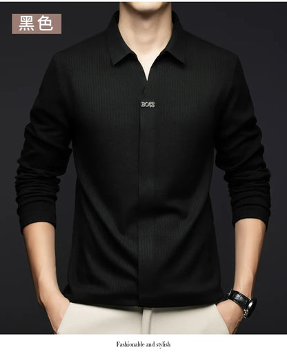 Men's Business Casual Solid Color Stretch V-neck POLO Shirt Daily Commute Striped Sweater for Fall 2024.