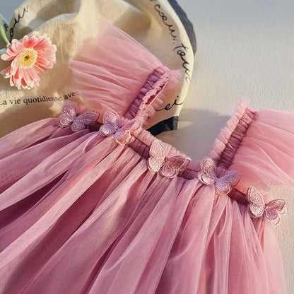 Summer Kids Sweet Mesh Dress Girls 5 Colors Suspended 3D Butterfly Skirt Children Tutu Princess Dress