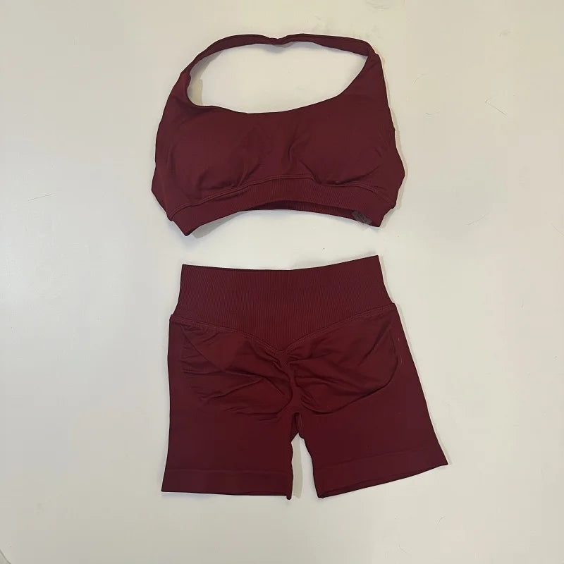 Yoga Shorts Set Seamless Yoga Set Workout Scrunch Shorts Sets Halter Sports Bra Scrunch Shorts Fitness Clothes Gym Suit