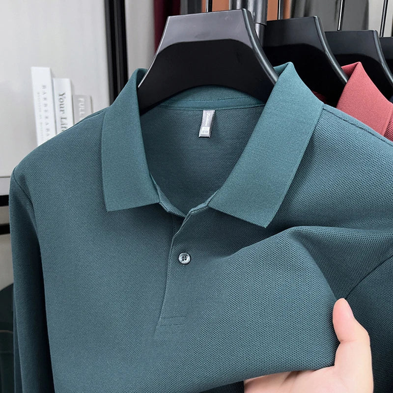 100%pure cotton autumn winter men's high-end designer fashionable long sleeved boutique button casual comfortable polo shirt top