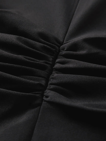 Summer Women's Black Midi Dress, Crew Neck Short Sleeve Waist-Cinching Slim Fit Black Dress for Chic Minimalist Style
