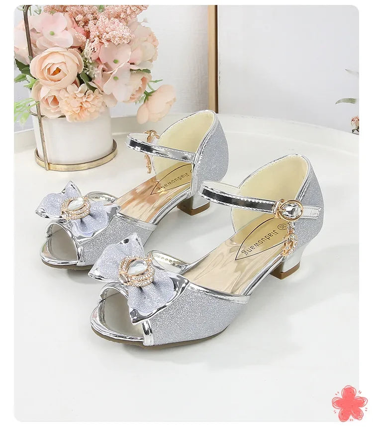 New Girl's High Heel Shoes for Kids Party Wedding Fashion Princess Causal Dress Shoes Sequins Versatile Children's Crown Sandals