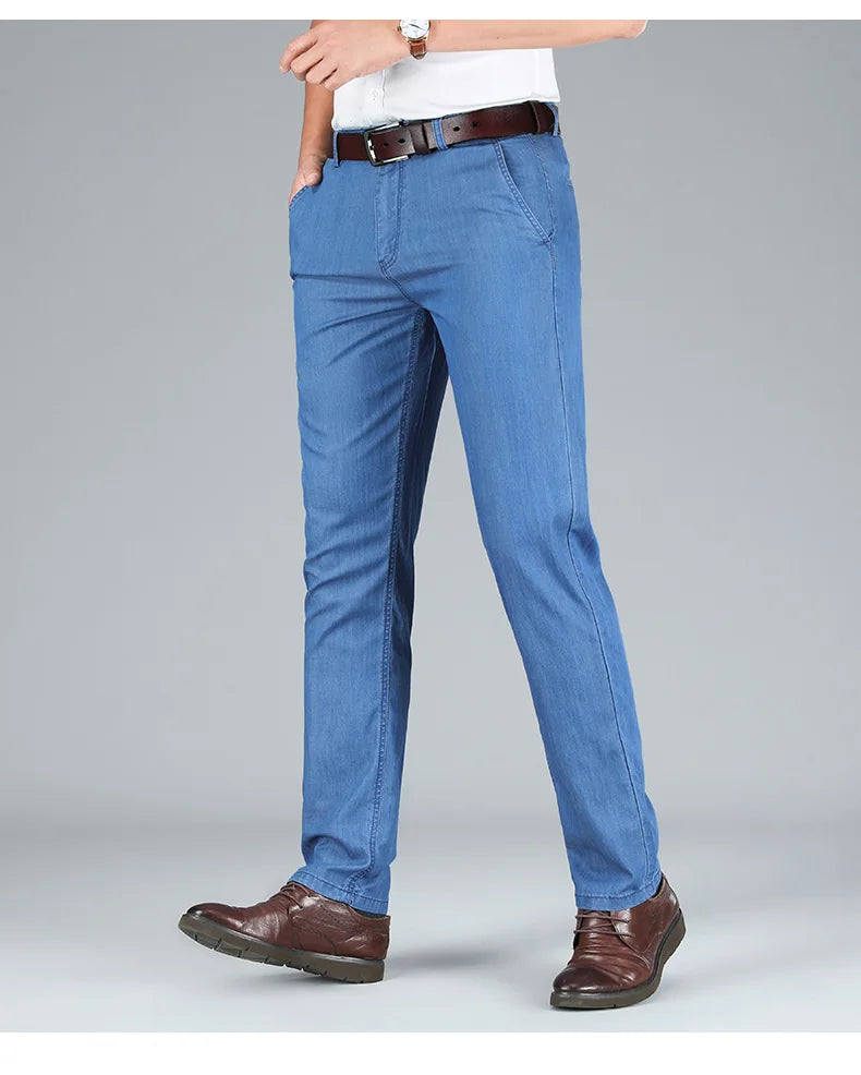 2026 Brand High Lyocell  Men's Fit Straight Lightweight Cotton Stretch Denim Business Casual High Waist Thin Light Grey Jeans