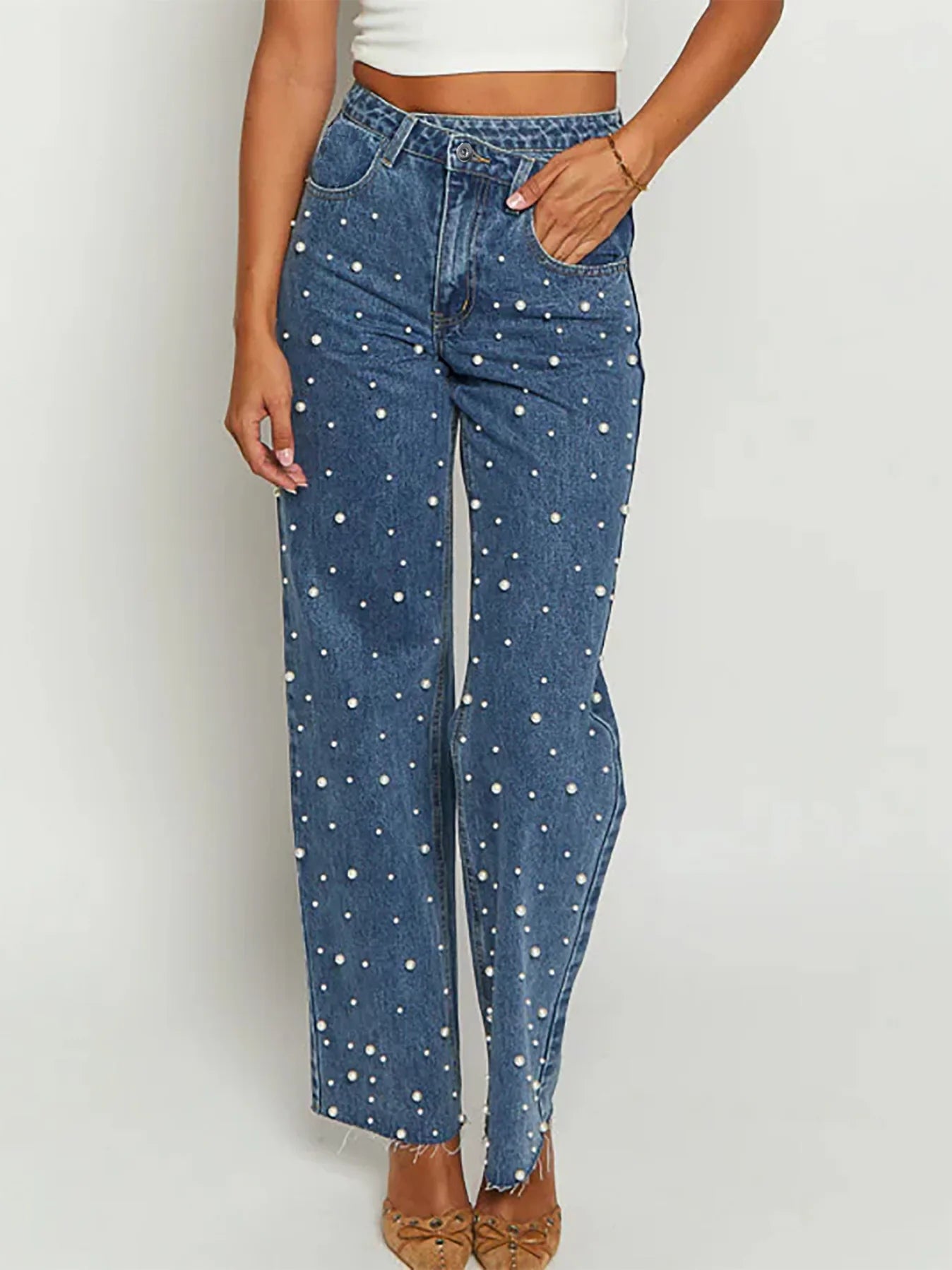 Jeans Denim Pant Women Long Pants Beading High Waist Casual Straight Trousers Y2k Streetwear Elegant Splice Mom Jeans 2025