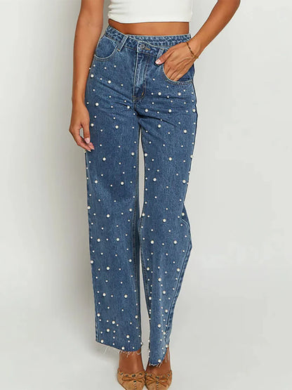 Jeans Denim Pant Women Long Pants Beading High Waist Casual Straight Trousers Y2k Streetwear Elegant Splice Mom Jeans 2025