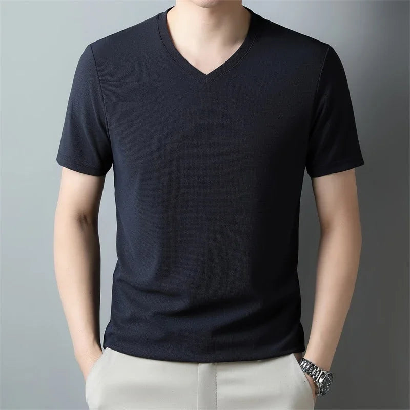 2024 Men's Waffle V Neck Short Sleeve T-Shirt Summer Comfortable Breathable Fashion Top in Solid Colors