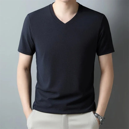 2024 Men's Waffle V Neck Short Sleeve T-Shirt Summer Comfortable Breathable Fashion Top in Solid Colors