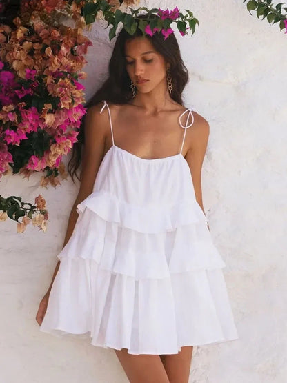 Loose White 100% Cotton Women's Dress Summer Strap Sleeveless Mini Dresses Classic Ruffle Female Beach Dress