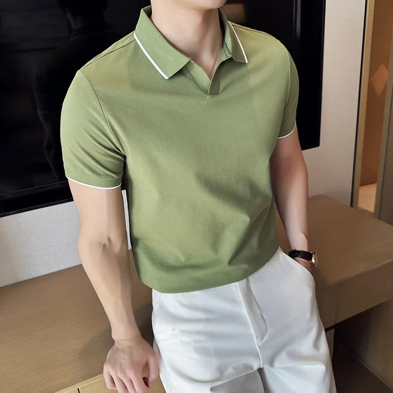 Business Casual Solid Color Men's Polo Shirt, 2024 Summer Classic, Men Short Sleeve V-neck T-shirt, Slim Fit Spliced Polo 4XL-M