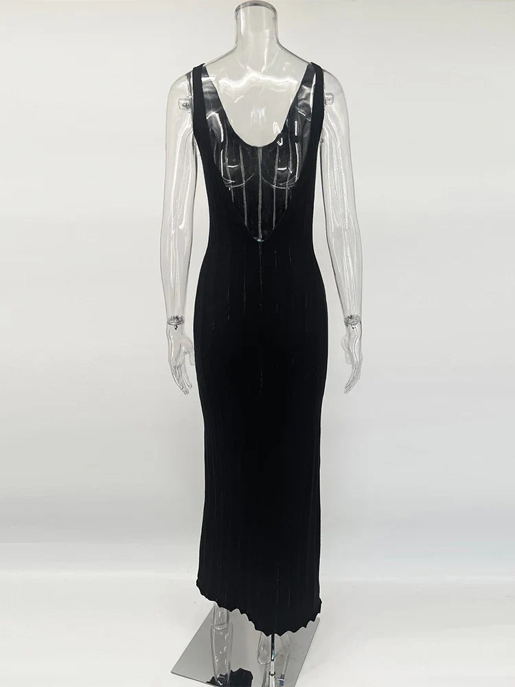 Backless Dress For Women V Neck Slim Sleeveless Suspender Maxi Dress Vacation Sexy Beach Knitted Elegant Long Dress