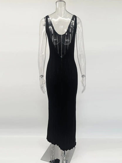 Backless Dress For Women V Neck Slim Sleeveless Suspender Maxi Dress Vacation Sexy Beach Knitted Elegant Long Dress