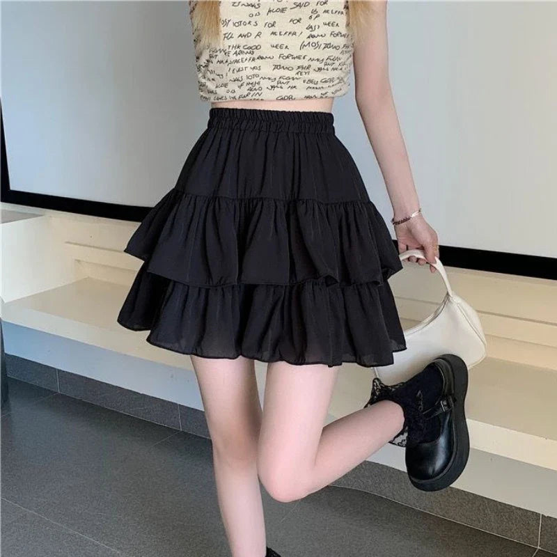 Pleated A-Line Skirt Women White Ruffle Sweet Tierred Pretty Style Skirt Elastic Waist Summer Slim Basic Korean Harajuku Dress