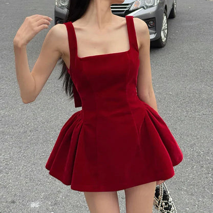 Fashion Red Bowknot Mini Dress Straps Square Collar Sleeveless Backless Vintage Cute Ladies Slim Party Short A-line Dresses