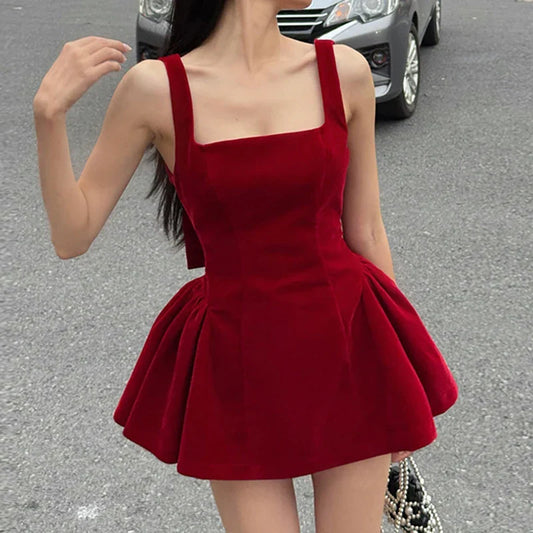 Fashion Red Bowknot Mini Dress Straps Square Collar Sleeveless Backless Vintage Cute Ladies Slim Party Short A-line Dresses