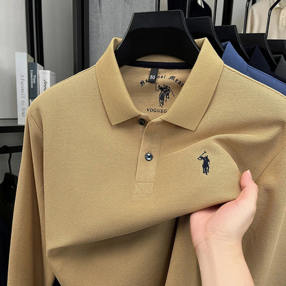 2025 New Cotton Long Sleeved T-shirt for Men, High End Embroidered Little Horse Logo Fashion Autumn/Winter Polo Top