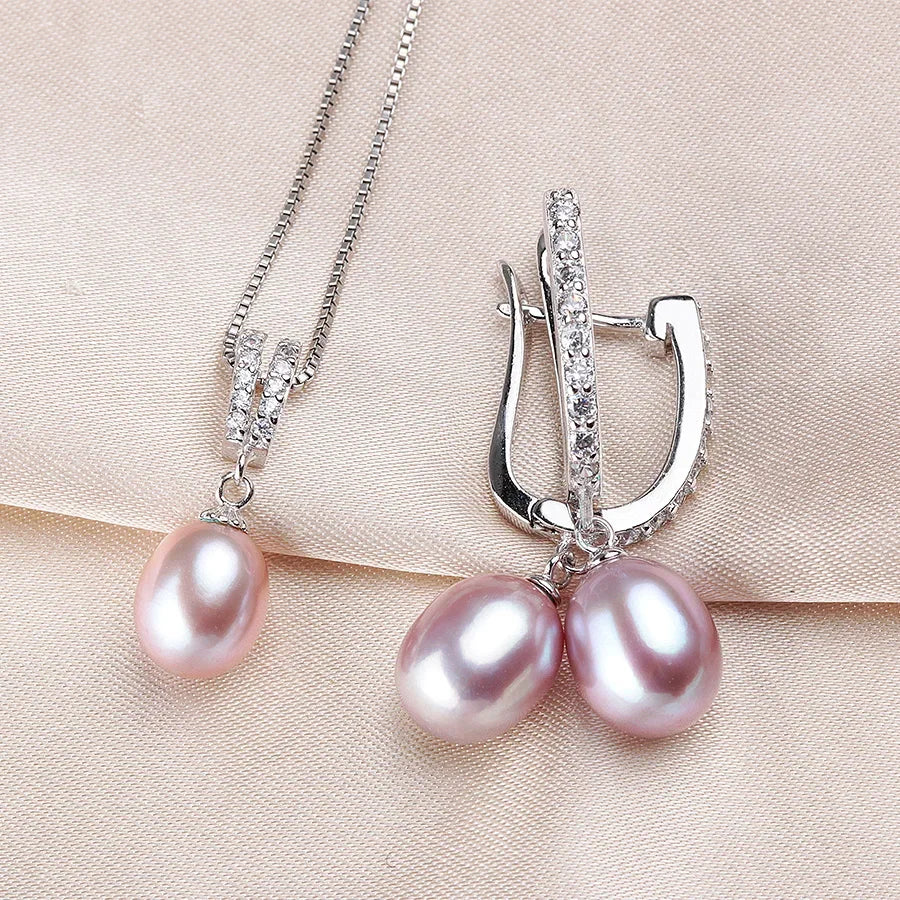 Horseshoe 8-9mm Rice Freshwater Pearl Earrings&Necklaces Jewelry Set for Women 925 Sterling Silver 45cm Pendant Necklace