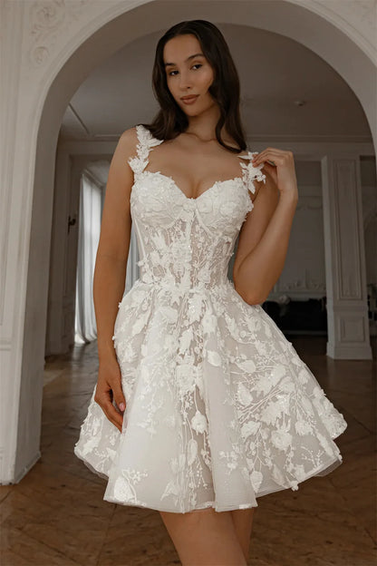 Beautiful Two Straps Sweethat Full 3d Flower Lace Appllque Short/Mini Wedding Dresses Custom Made Bridal Grown Vestido De Noival