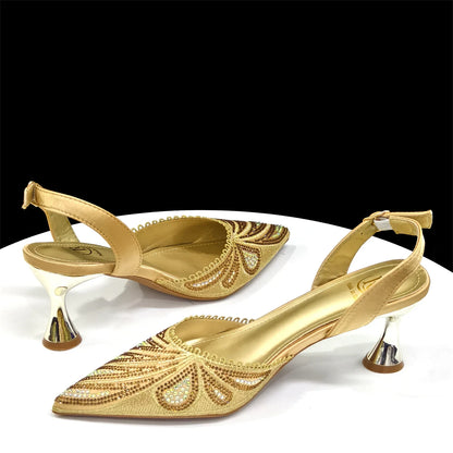 New Green Colour Pointed-Toe Diamond-Studded Party Women's High Heels Gorgeous Parties Shoes and Bag to Match