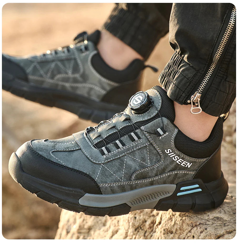 Men's Steel-Toed Safety Shoes With Anti-Crush, Anti-Puncture And Anti-Slip Soles, Fashionable Button Industrial Work Shoes