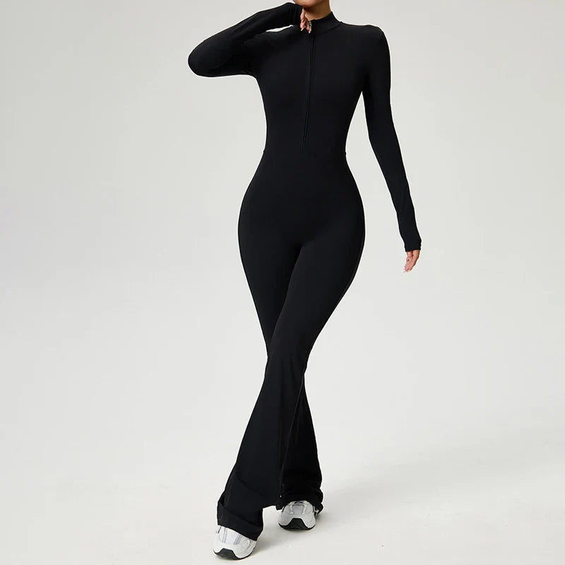Zipper Jumpsuit Flared Pants Women Clothing Sportswear Gym Yoga Sport Sets Spandex Nylon Workout Sets Women Tracksuit
