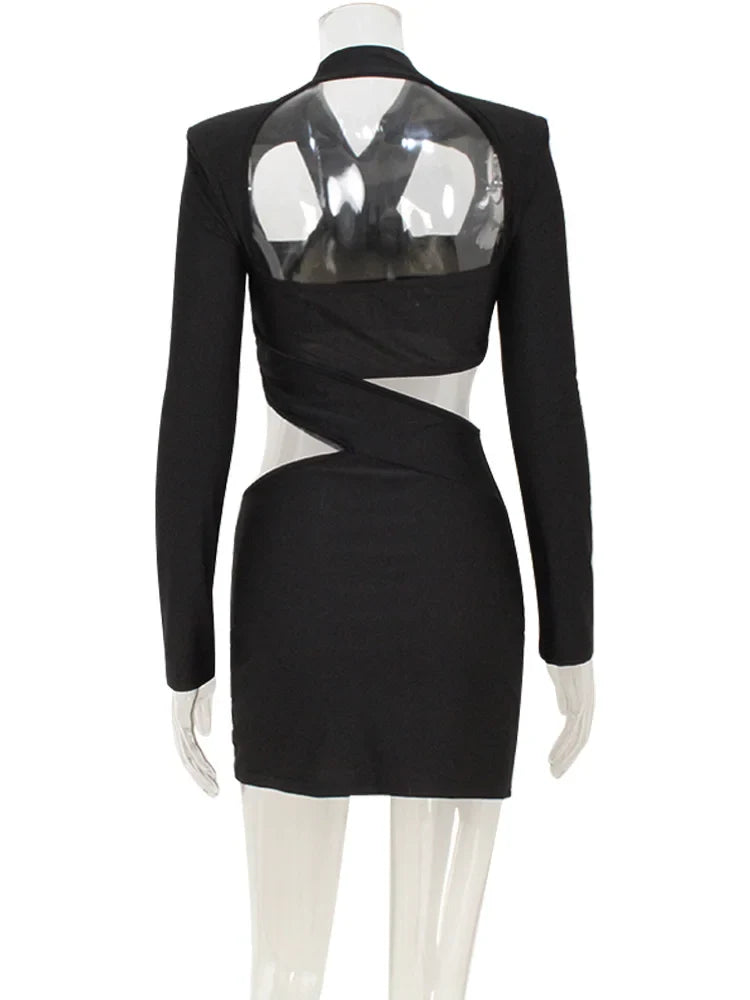 Club Women's Mini Dresses Solid Hollow Out V-Neck Regular Long Sleeves Sheath Bodycon Slim Fit Streetwear Vestidos