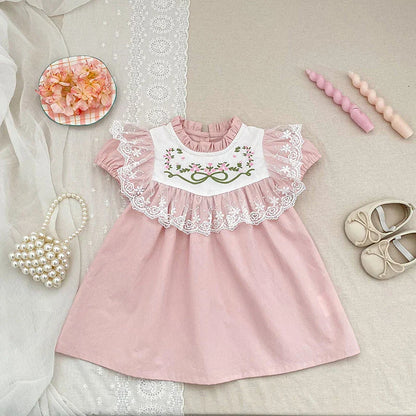 2026 New Summer Sister Clothing Short Sleeved Cotton Embroidery Kids Princess Dress 2-6Y Baby Girl Birthday Party Lace Dress