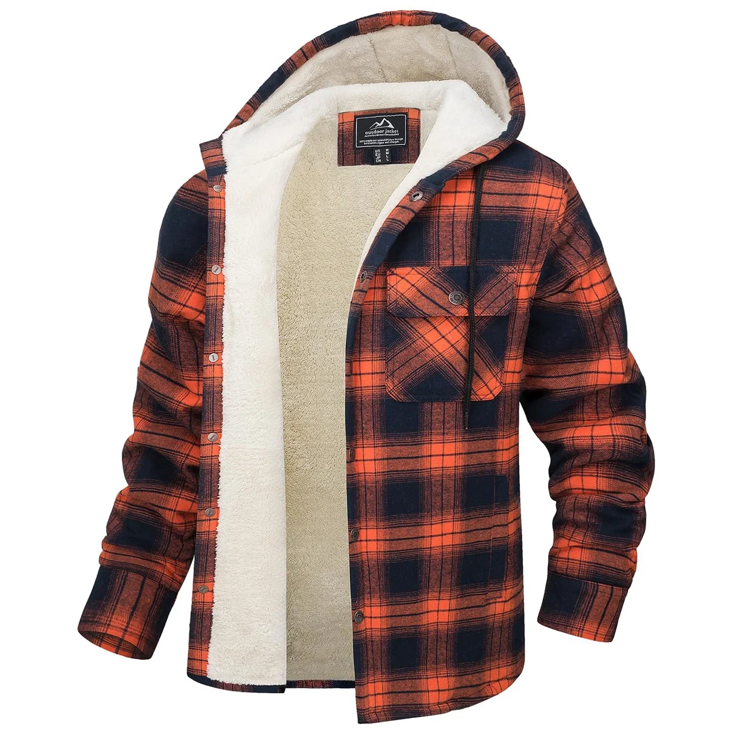 Sherpa Lined Flannel Jacket Mens Heavyweight Hooded Fleece Jacket Thicken Warm Button Down Plaid Jacket Outwear Coats