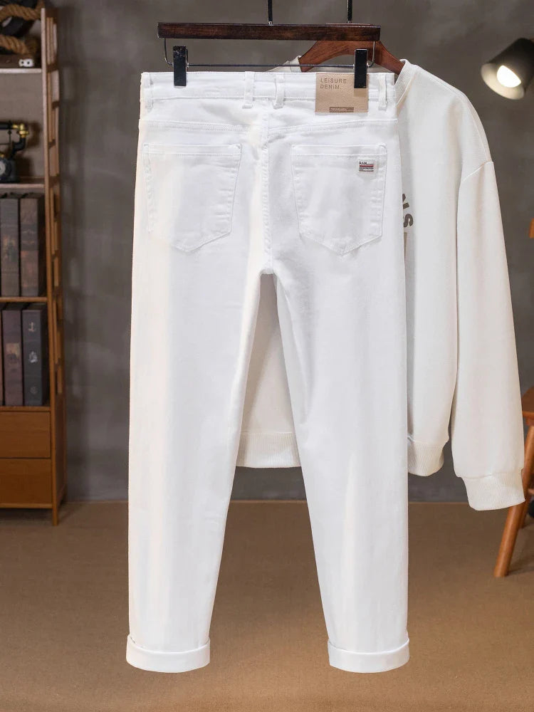 Spring Summer White Slim Fit Jeans Men Casual Thin Straight Leg Stretch Denim Pants Solid Color Streetwear Daily Wear Trousers