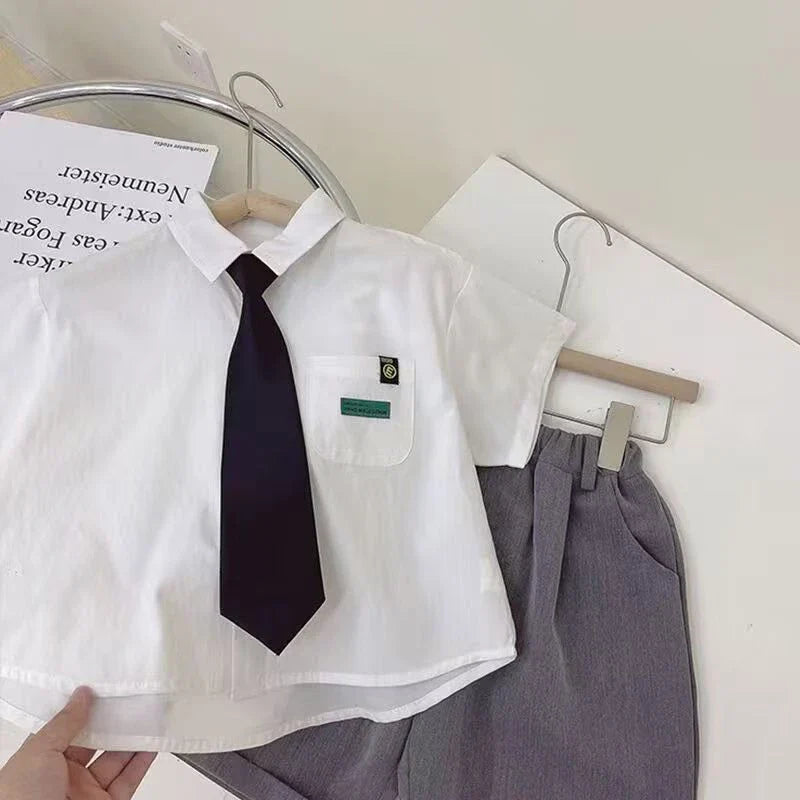 Boys Summer Formal Clothing Set 3PC Gentleman Outfit Short Sleeve Shirt Shorts with Tie for Toddler Kids Party School Daily Wear