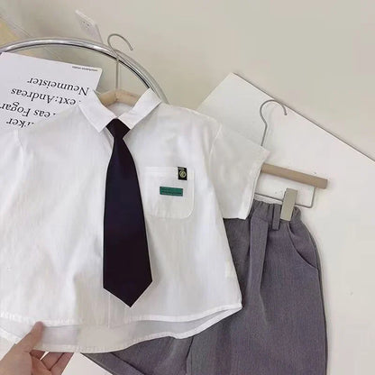 Boys Summer Formal Clothing Set 3PC Gentleman Outfit Short Sleeve Shirt Shorts with Tie for Toddler Kids Party School Daily Wear