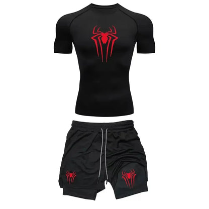 Men's Workout Compression Set Y2K Spider Printed Gym Tshirts Breathable Running Shorts Quick Dry Sports Rash Guard Sportwear Set