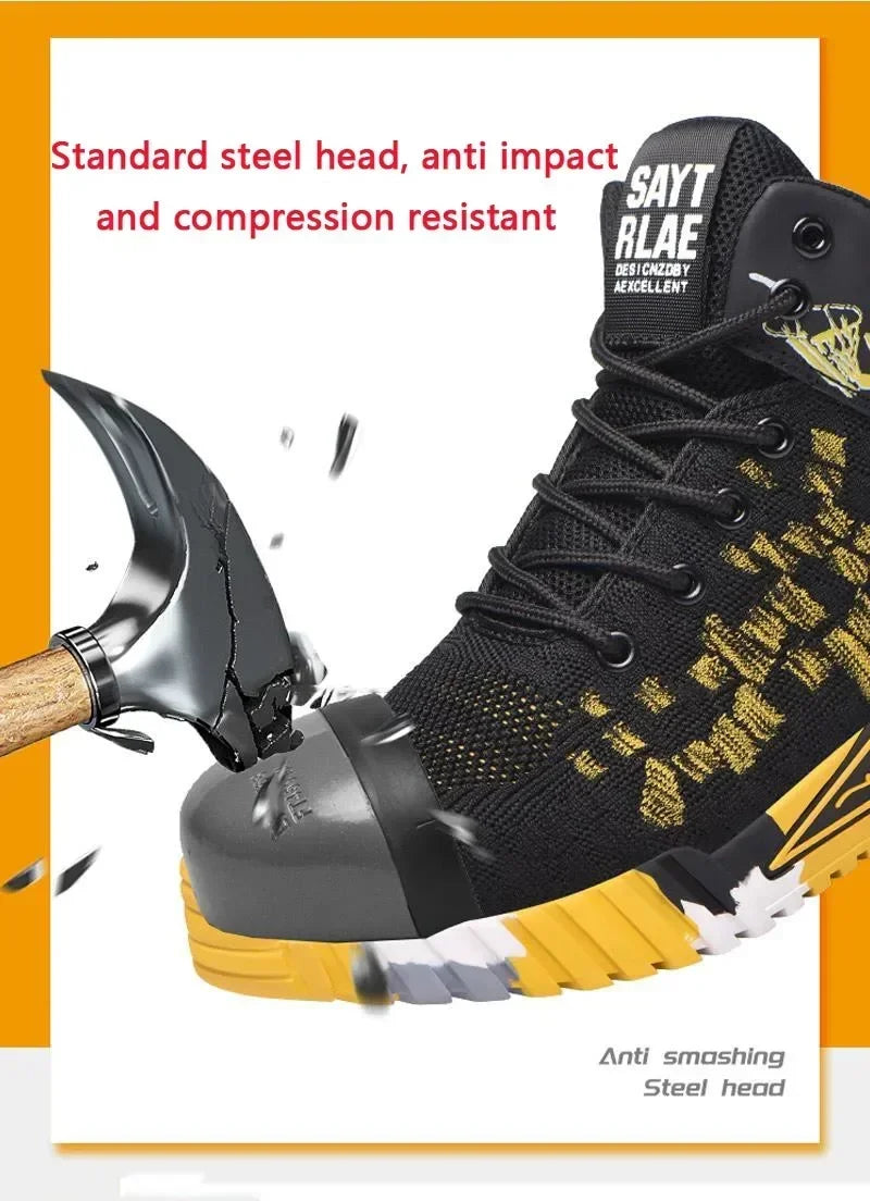 Men's All Seasons Safety Shoes Breathable Flying Woven Steel Toe Cap Impact Resistant Puncture Proof mid Cut Sneakers
