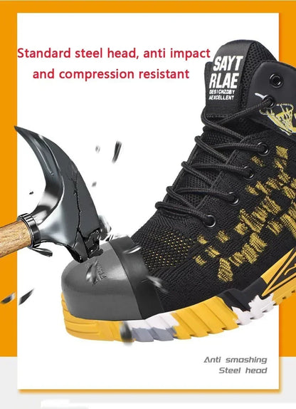 Men's All Seasons Safety Shoes Breathable Flying Woven Steel Toe Cap Impact Resistant Puncture Proof mid Cut Sneakers