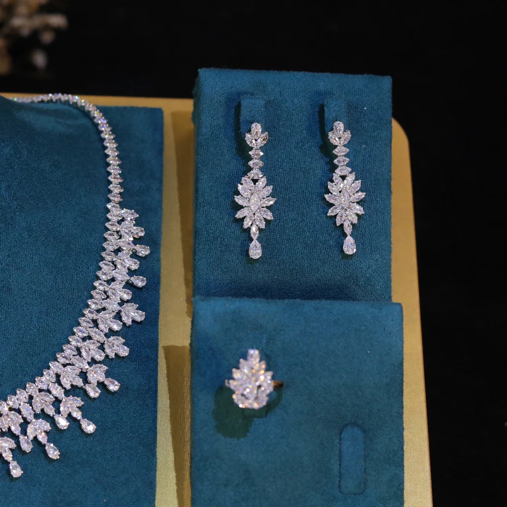 Dubai Jewelry Sets Leaf Design Bridal Necklace Earring Set 5A Cubic Zirconia Femme Ladies Wedding Accessories