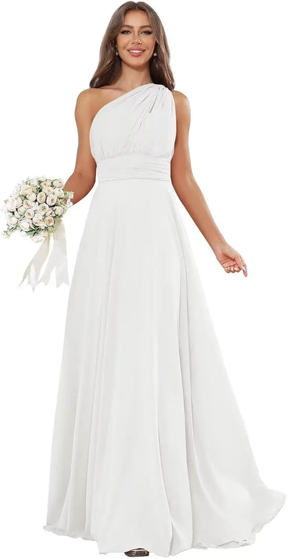 Vestidos de Daminha de Um Ombro para Mulheres Vestido de Noite Formal Longo de Chiffon Plissado Vestidos de Madrinha para Casamentos