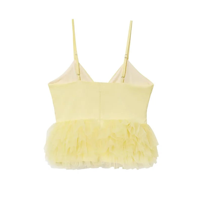 Yellow Puffy Mesh Tops for Women Strap Ruffle Crop Top Woman Sexy Backless Tulle Top Female Summer Camisole Mini Top Women