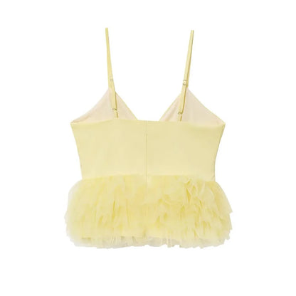 Yellow Puffy Mesh Tops for Women Strap Ruffle Crop Top Woman Sexy Backless Tulle Top Female Summer Camisole Mini Top Women