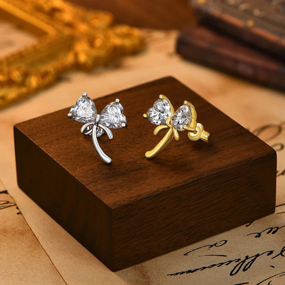 Original Bow Earrings S925 Silver Heart Cut Moissanite Stud Earring for Women Romantic Dainty Party Jewelry Gift Choice